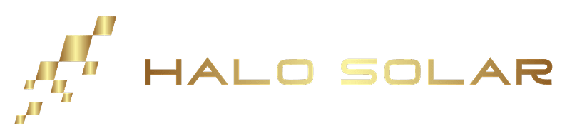 Gold logo with the text "HALO SOLAR" and diagonal lines resembling a sunbeam on the left.