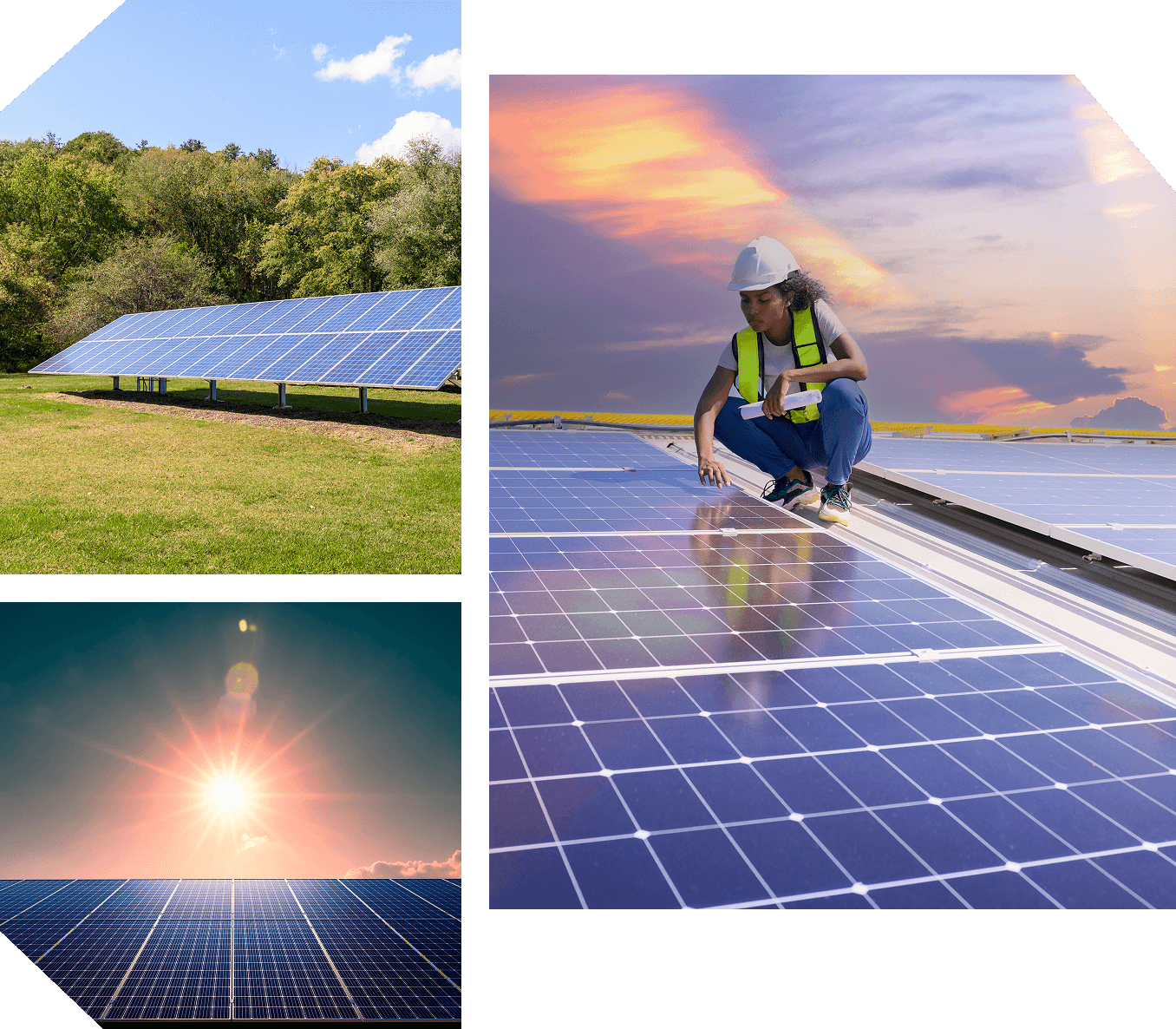 Three images featuring solar panels: top left shows panels in a grassy area, bottom left captures sunlight over panels, and right shows a worker inspecting panels with sunset sky in the background.