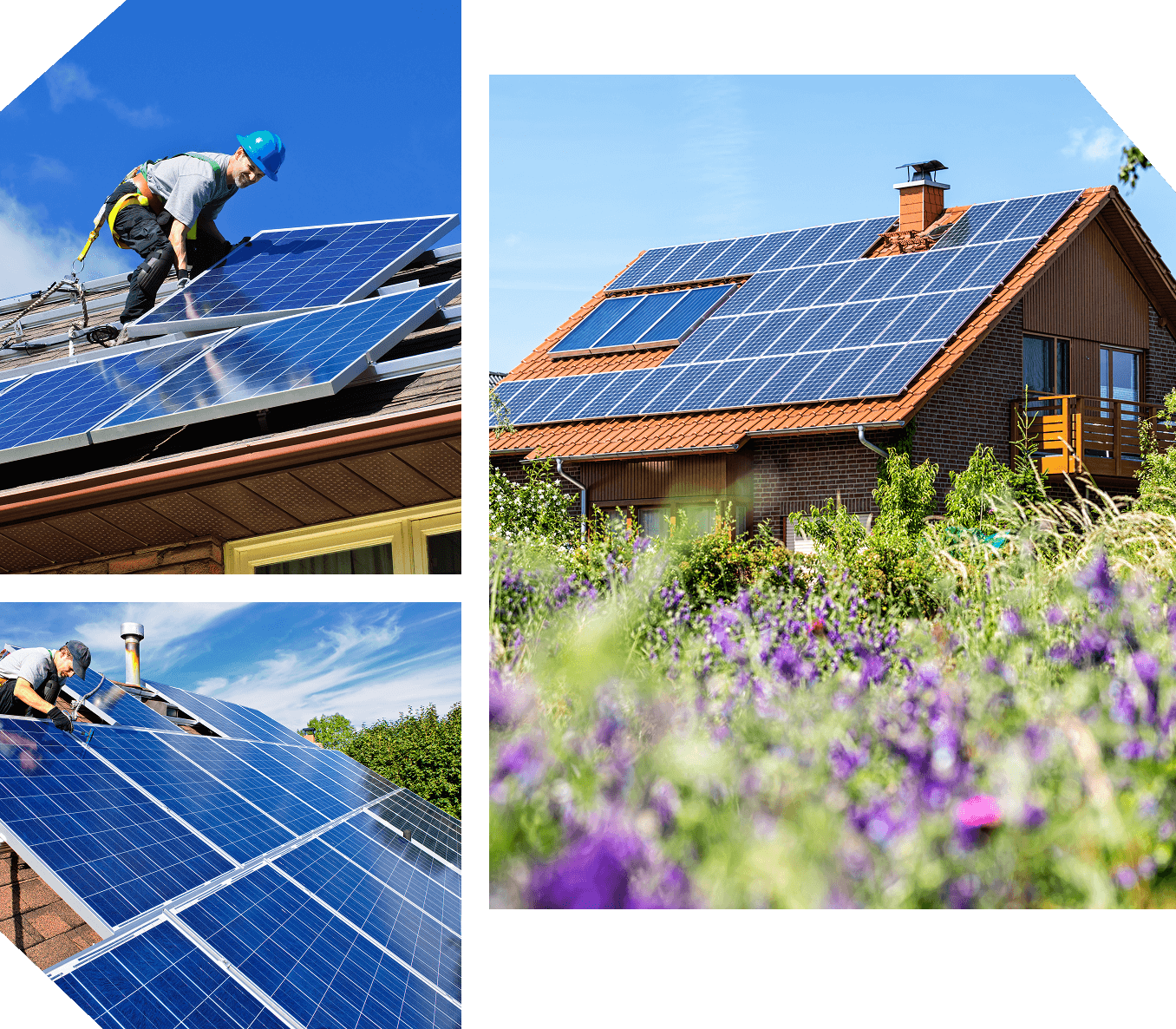 Workers install solar panels on two rooftops, with a third image showing a solar panel-covered house surrounded by flowers.