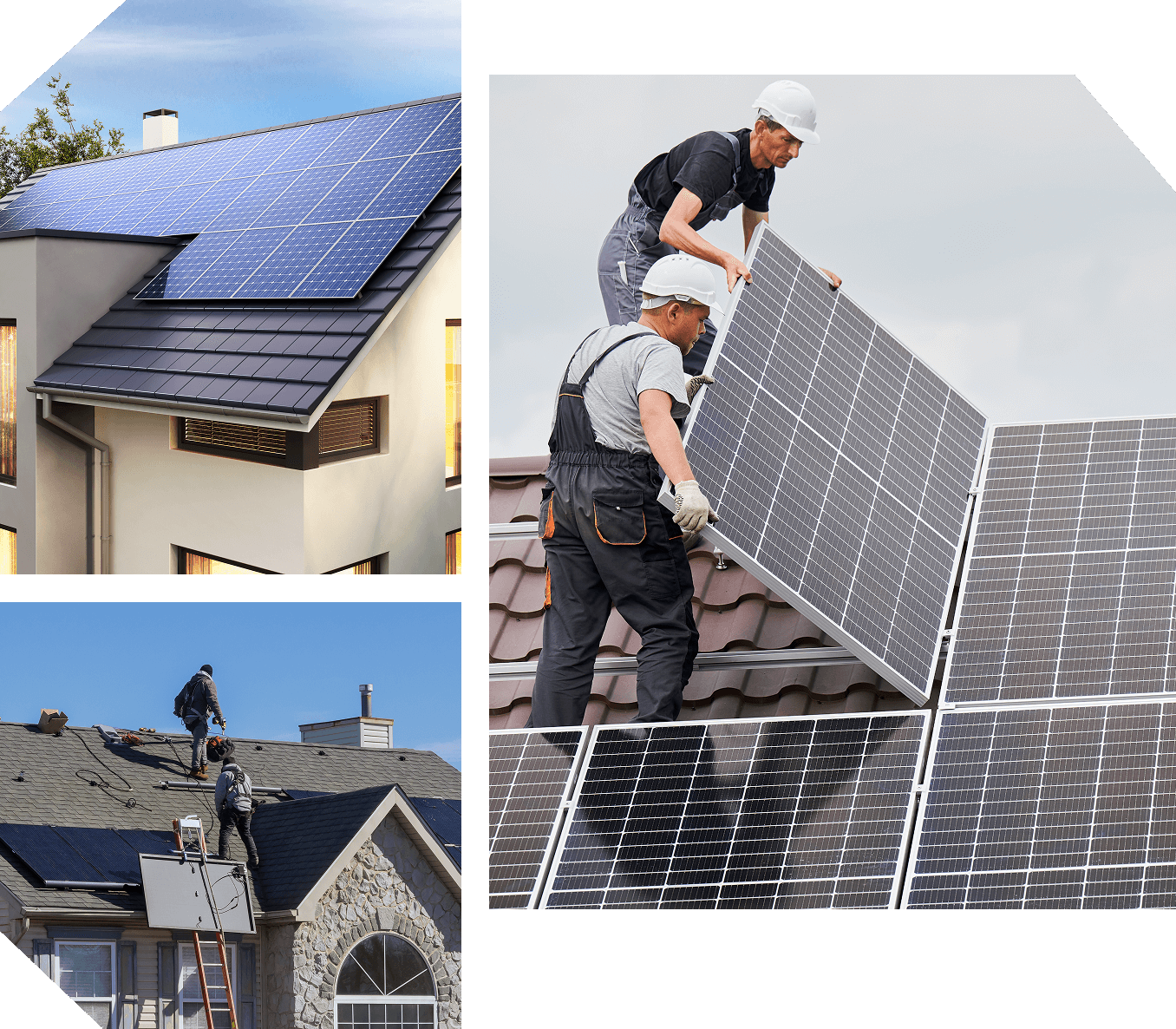 Three images show solar panel installations: two workers placing panels on a roof, a completed roof with solar panels, and technicians on a roof with solar panels and equipment.