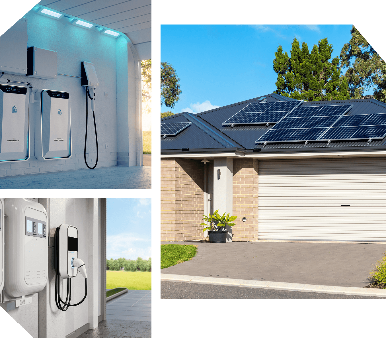 Collage showing solar panels on a house roof, electric vehicle chargers installed in a garage, and an outdoor charging unit with greenery in the background.