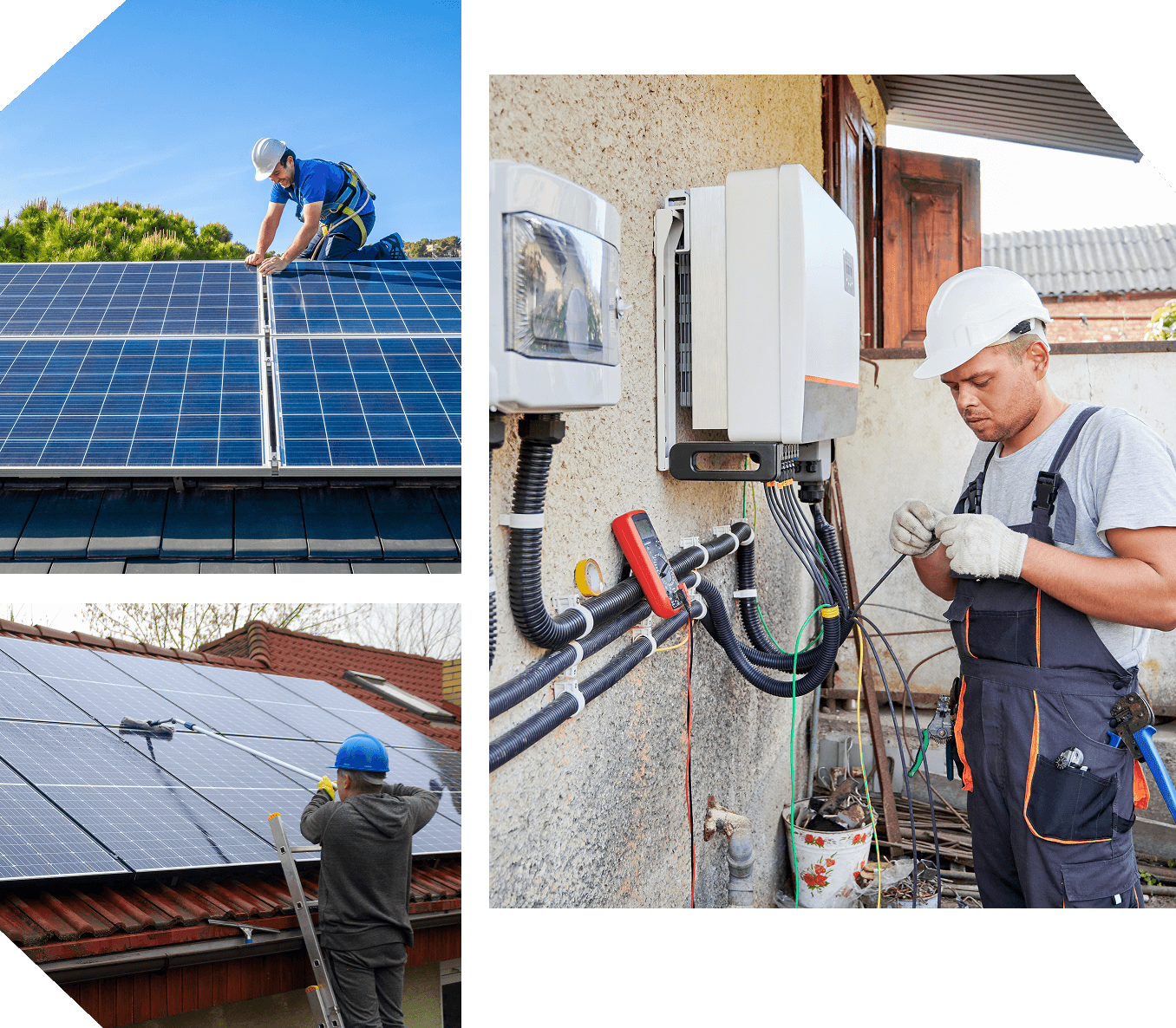 Three images: Top left shows a worker installing solar panels. Bottom left shows a worker checking solar panels on a roof. Right shows a worker handling electrical connections near a wall-mounted device.
