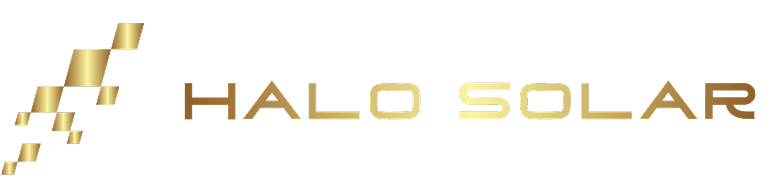 Gold logo with the text "HALO SOLAR" and diagonal lines resembling a sunbeam on the left.